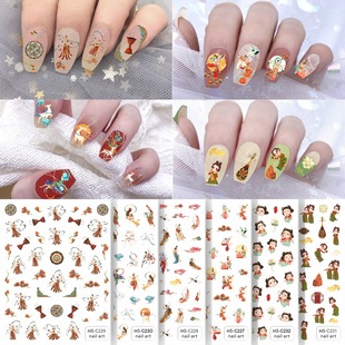 美甲贴纸中国古风敦煌飞天唐宫夜宴仕女指甲贴花超萌卡通可爱