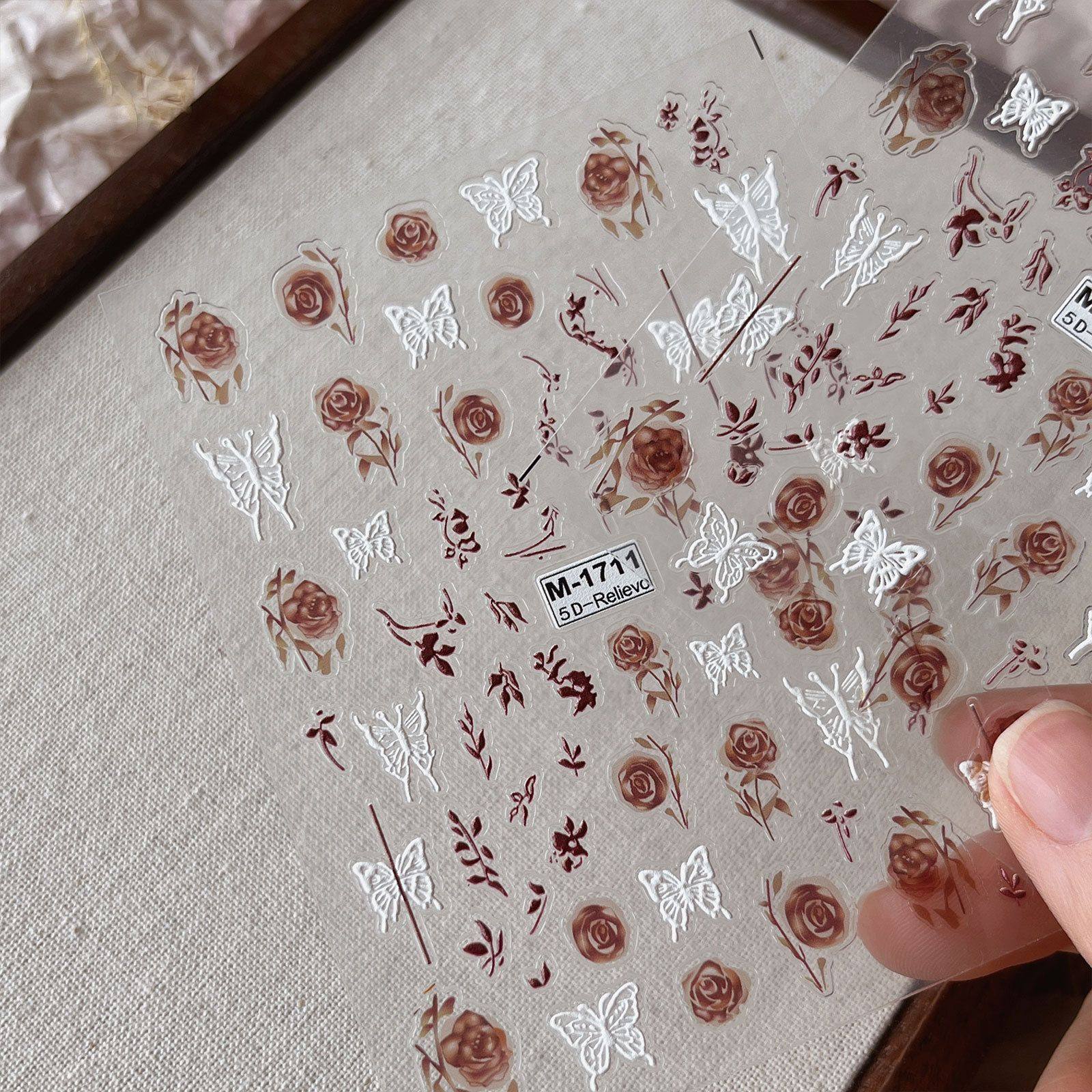 新款复古水墨晕染玫瑰美甲贴纸浮雕立体蝴蝶果冻花朵指甲装饰贴花