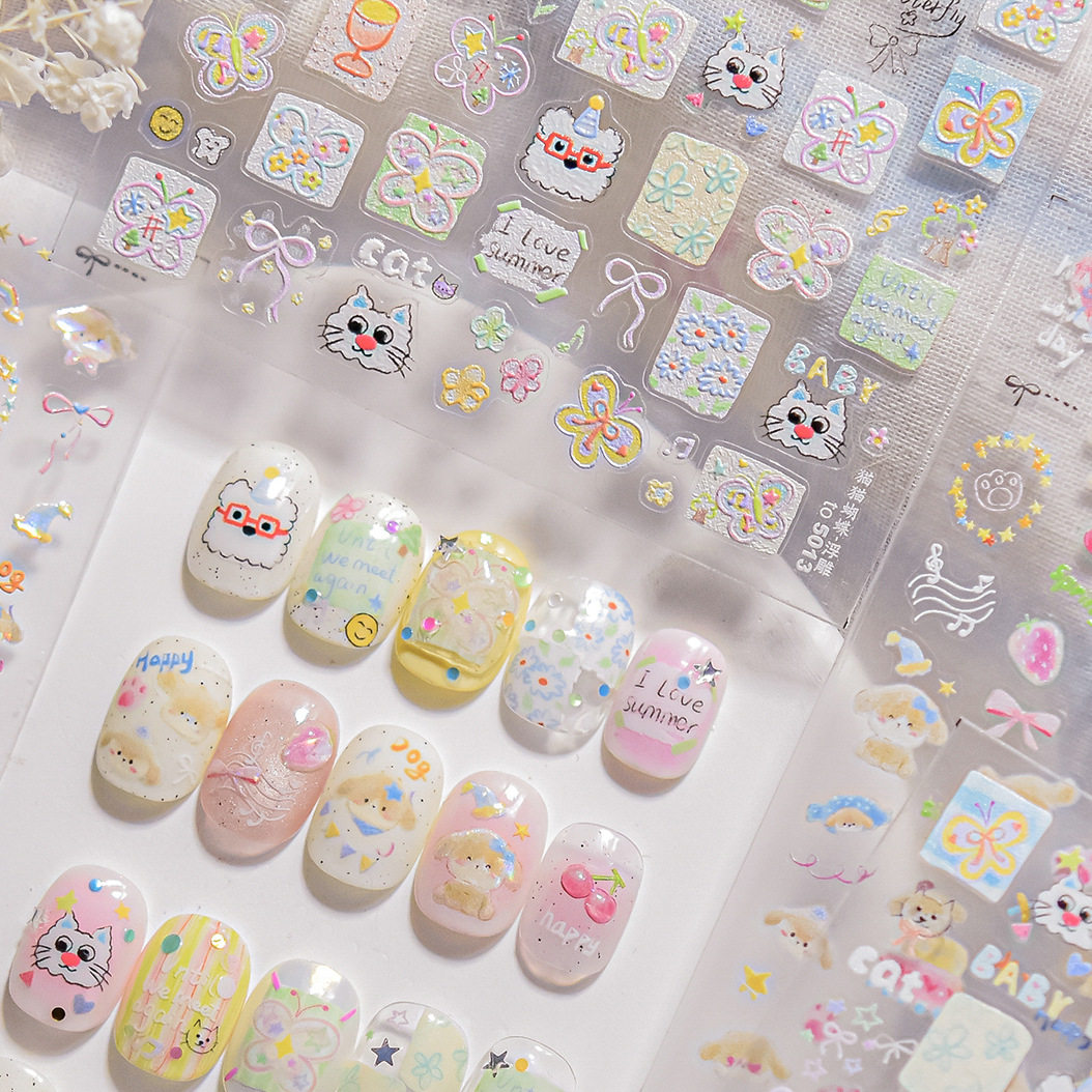 浮雕新款多巴胺猫猫蝴蝶美甲贴纸ins风涂鸦蝴蝶结小狗背胶指甲贴,彩妆/香水/美妆工具,指甲装饰,淘宝优惠券,粉丝福利购,淘宝优惠卷