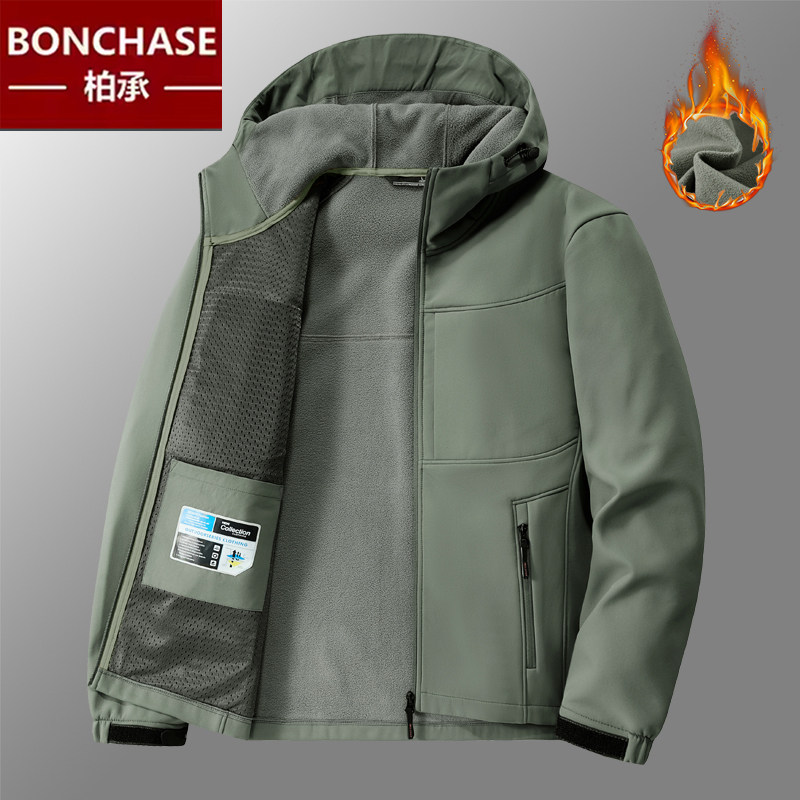 软壳外套男秋冬季新款青年户外宽松大码上衣服加绒运动连帽夹克潮