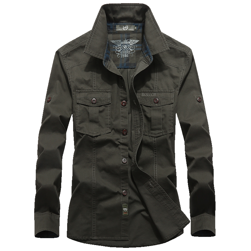 秋季男装长袖衬衫纯棉大码宽松纯色衬衣青年休闲工装户外军装衬衫