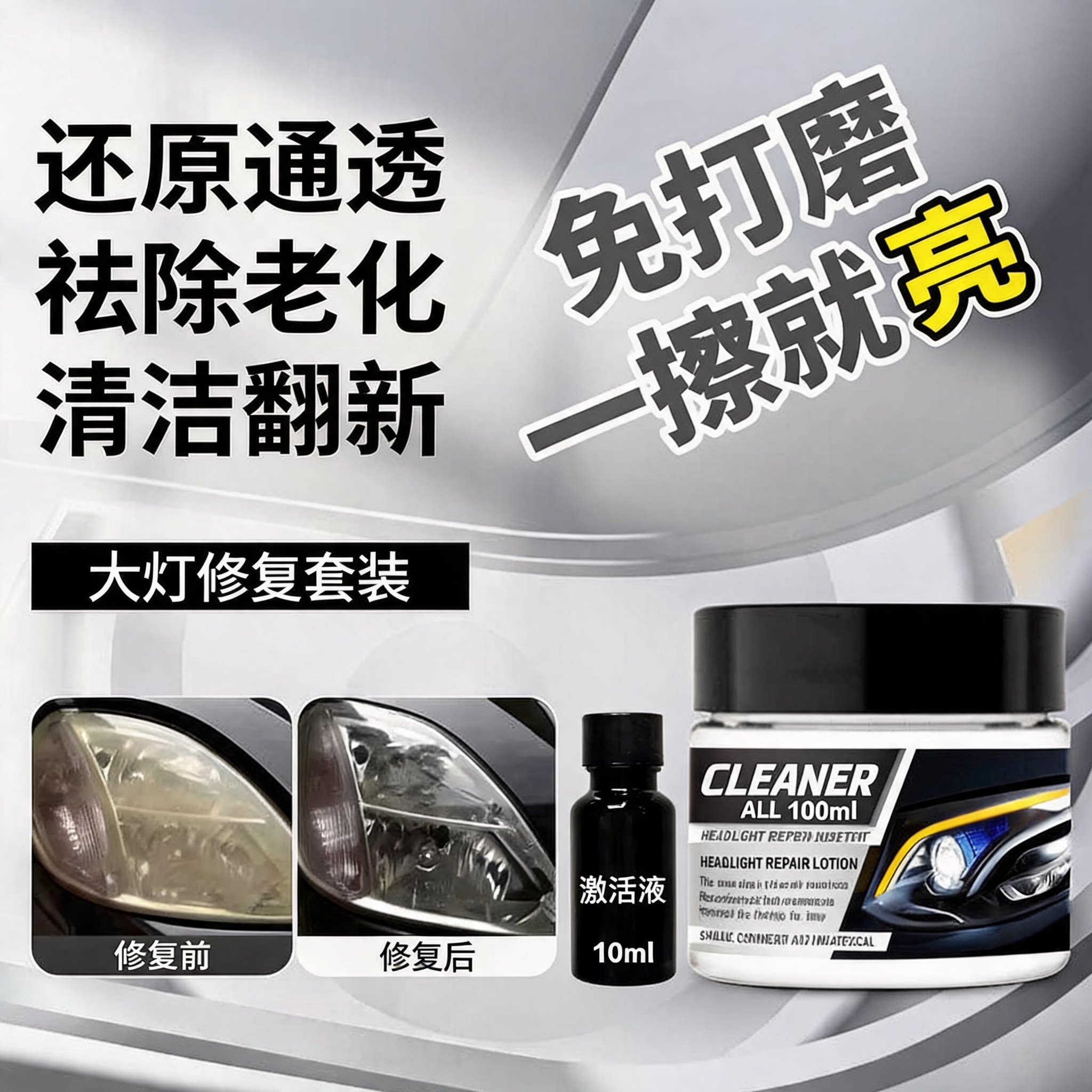 汽车大灯翻新修复液免打磨车灯
