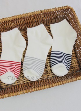 女式棉袜常规厚度运动袜条纹白色中筒三双组合G-58