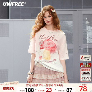 UNIFREE薄款印花短袖T恤女宽松卡通图案可爱烫钻夏季新款百搭上衣