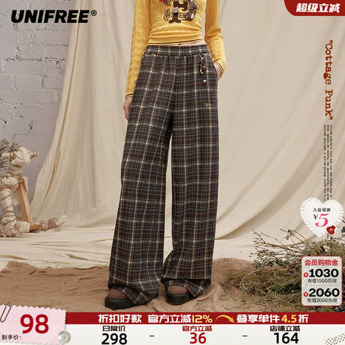 UNIFREE复古棕色格纹休闲裤