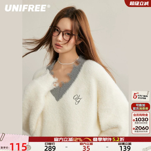 UNIFREE白色毛衣高级感女款破坏撞色复古学院宽松软糯百搭针织衫