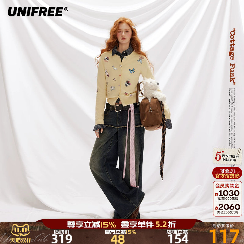 【插画师联名】UNIFREE毛针织衫女秋季新款动物印花显瘦长袖上衣