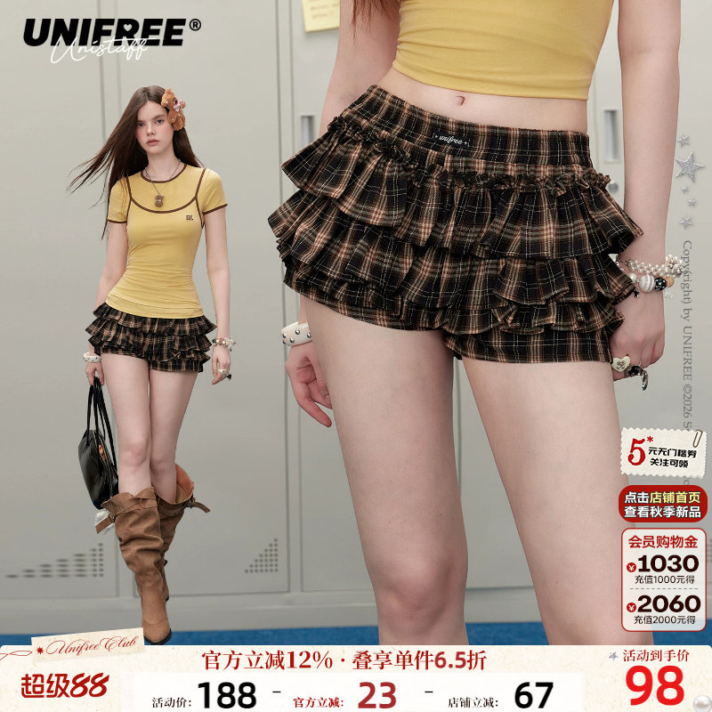 UNIFREE棕色格纹夏季短裤图片
