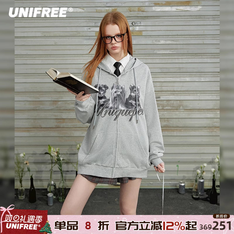 UNIFREE灰色连帽卫衣外套女双拉链美式复古狗狗印花宽松潮流上衣