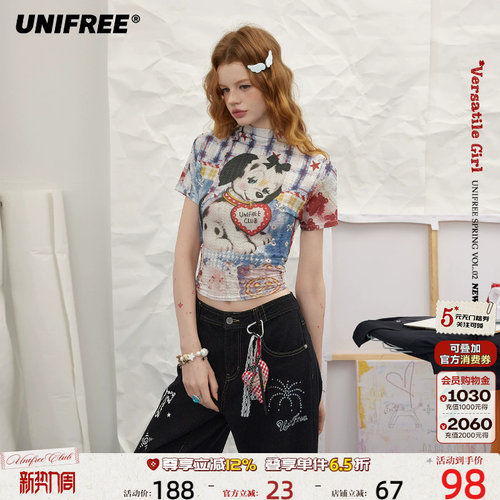 UNIFREE印花褶皱衫y2k多巴胺T恤