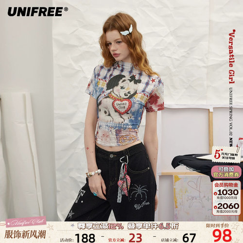 UNIFREE印花褶皱衫y2k多巴胺T恤