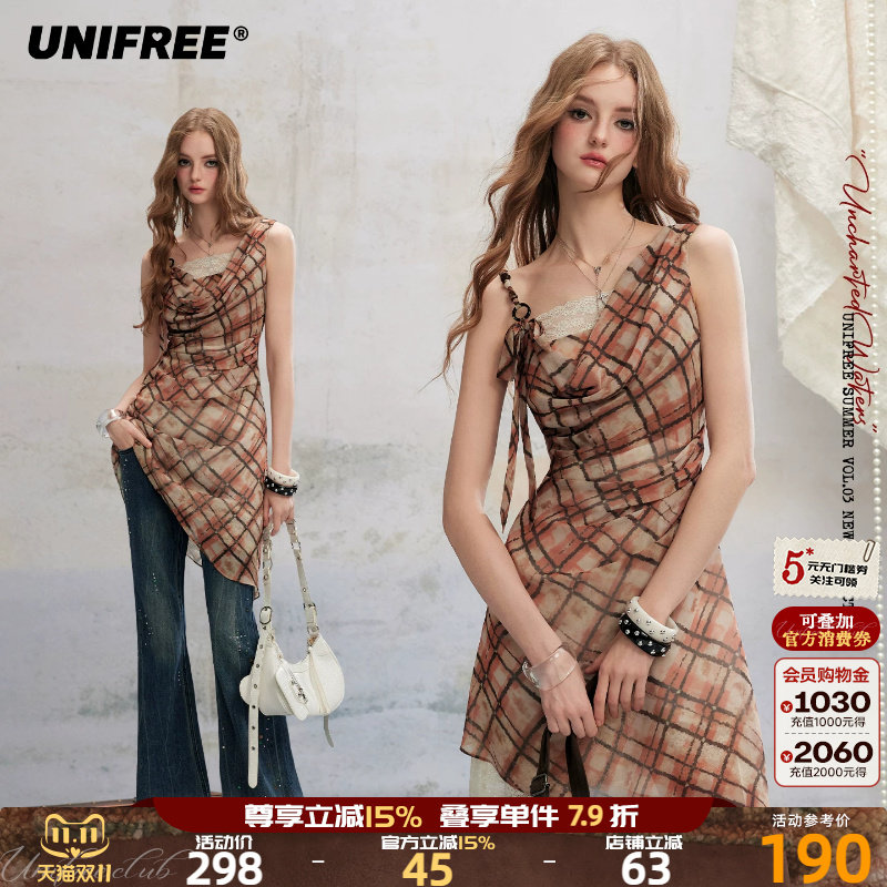 UNIFREE橘色格纹雪纺连衣裙女荡领收腰不规则夏季海边背心吊带裙