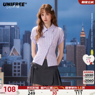 UNIFREE紫色格子短袖衬衫女夏季新款修身显瘦学院风清新复古衬衣