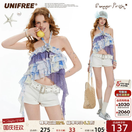 UNIFREE紫色碎花挂脖雪纺衫