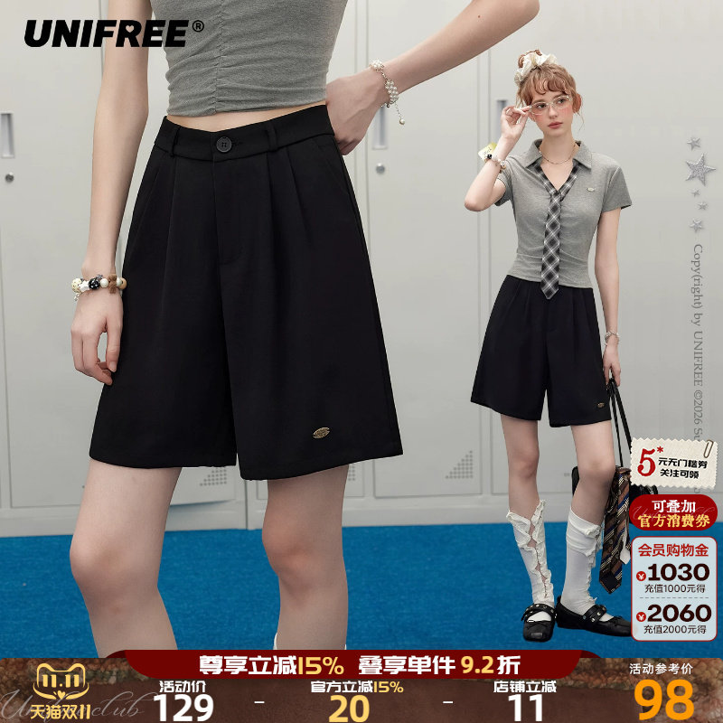 UNIFREE黑色高腰宽松阔腿短裤女夏季休闲百搭显瘦运动五分裤中裤
