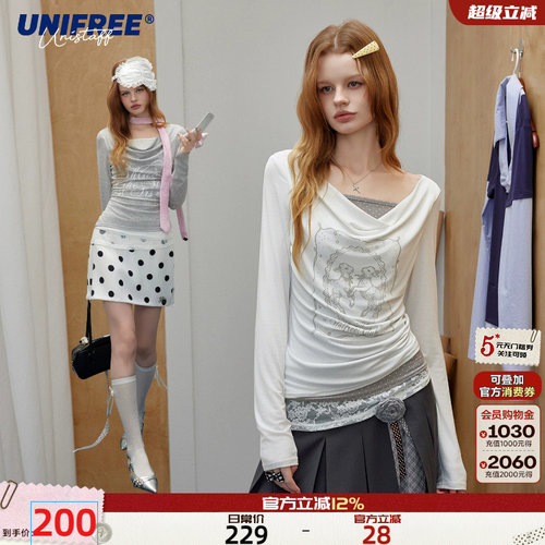 UNIFREE白色荡领T恤拼接蕾丝花边