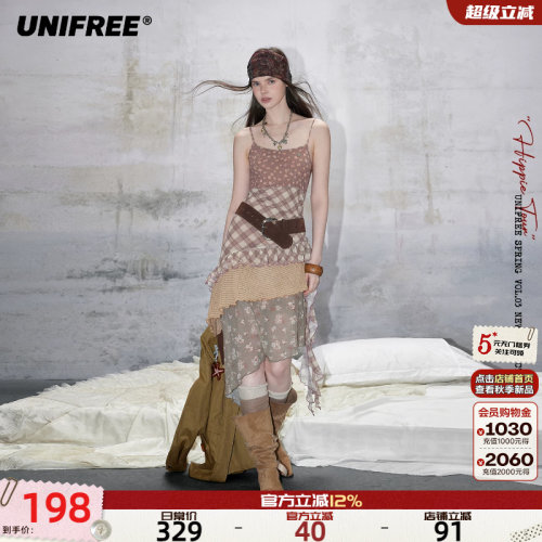 UNIFREE田园小碎花雪纺吊带裙