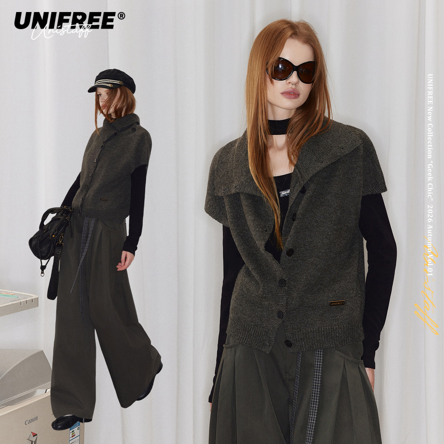 UNIFREE羊毛堆堆领针织马甲女秋季不规则斜门襟坎肩背心叠穿毛衣