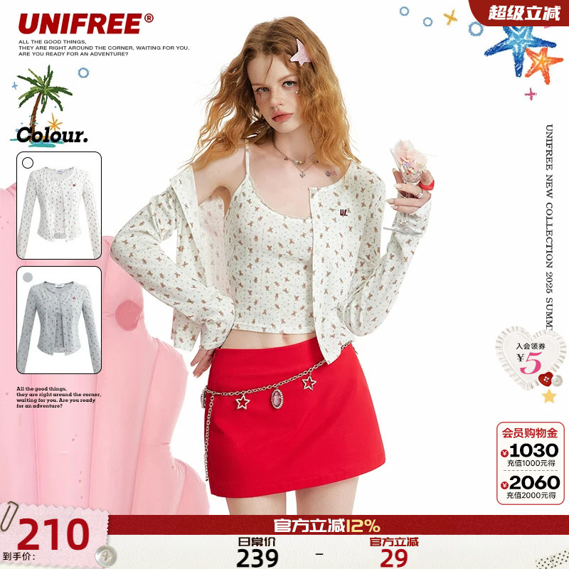 UNIFREE小熊印花刺绣针织衫女韩系蕾丝拼接短款吊带独特上衣套