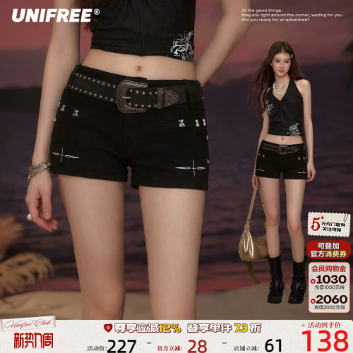 UNIFREE黑色铆钉水洗牛仔短裤