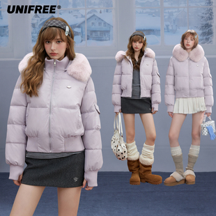 UNIFREE毛领加厚棉服女冬季小个子收腰面包服外套学院风短款棉衣