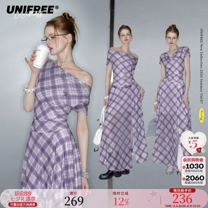 UNIFREE紫色格纹网纱斜肩连衣裙