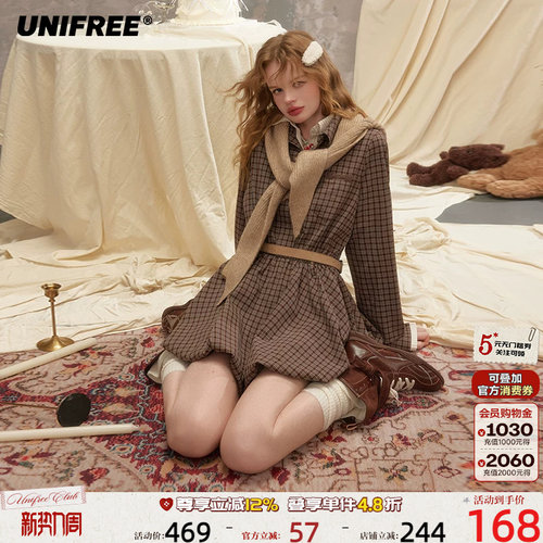 UNIFREE假两件长袖格纹连衣裙