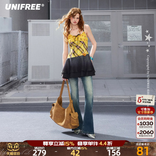 UNIFREE黄色格纹小碎花拼接吊带连衣裙蝴蝶结撞色挂脖收腰夏季裙