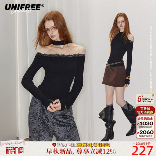 UNIFREE蕾丝拼接一字肩针织衫