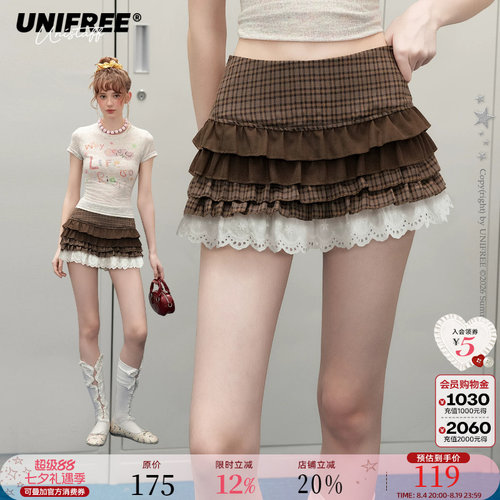 UNIFREE咖色格纹拼接休闲短裤