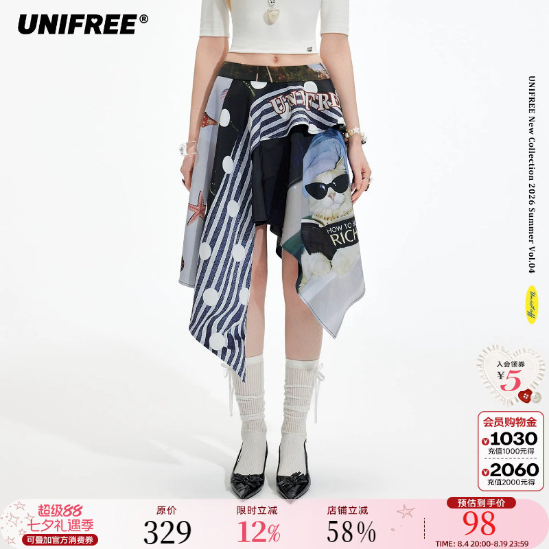 UNIFREE波点条纹拼接半身裙