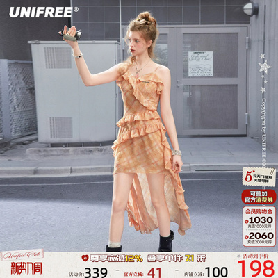 UNIFREE橘色格纹雪纺吊带裙