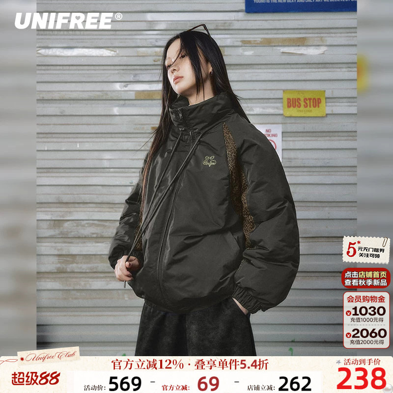 UNIFREE美式复古棉服女豹纹拼接立领宽松保暖学院风加厚棉衣外套