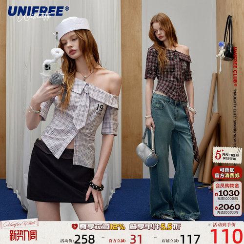 UNIFREE格纹斜肩短袖衬衣