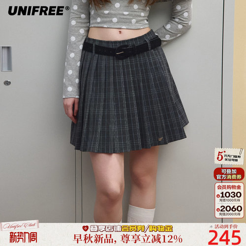 UNIFREE格纹百褶半身裙短裙