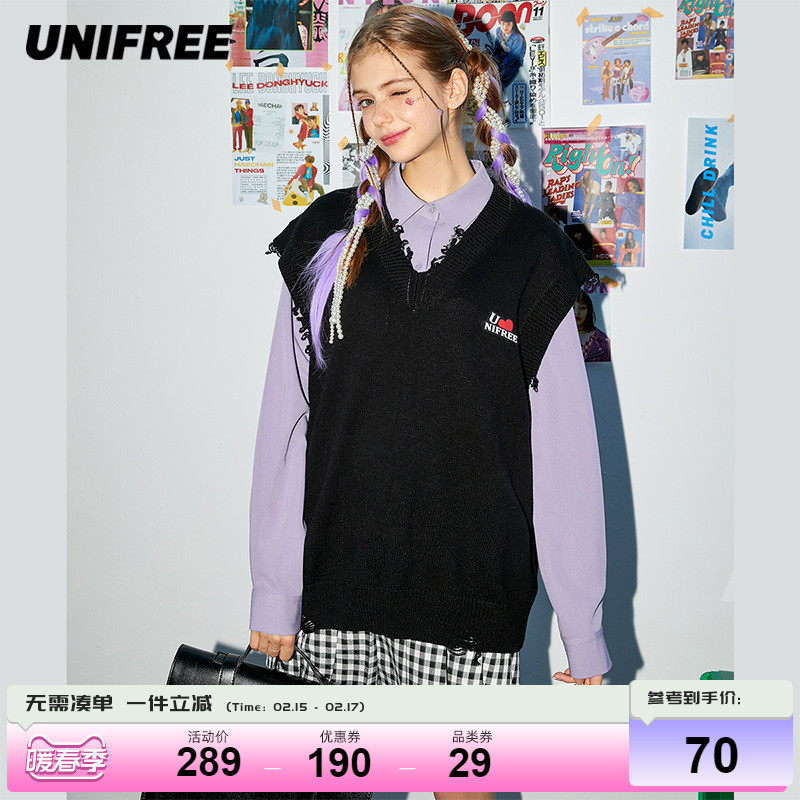 【福利】UNIFREE无袖v领针织衫女新款宽松马甲黑色复古时尚背心潮