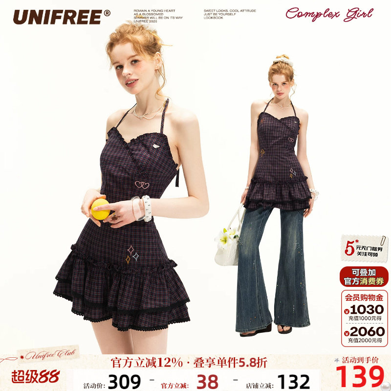 UNIFREE格纹挂脖连衣裙图片