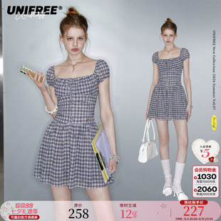 UNIFREE紫色格纹碎花短袖连衣裙女夏季收腰绑带方领短款包臀裙子