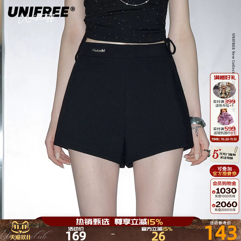 UNIFREE黑色西装短裤夏季百搭宽松直筒高腰小个子A字版女显瘦热裤