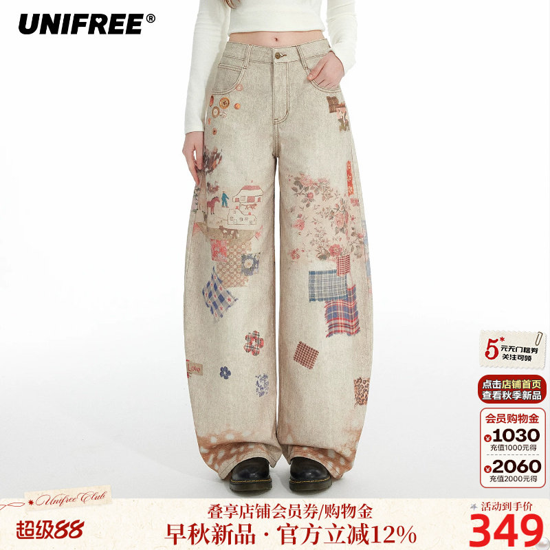 UNIFREE卡通印花碎花格纹拼贴牛仔裤女复古水洗直筒宽松阔腿长裤