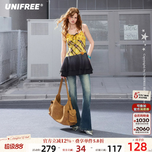 UNIFREE黄色格纹小碎花拼接吊带连衣裙蝴蝶结撞色挂脖收腰夏季裙