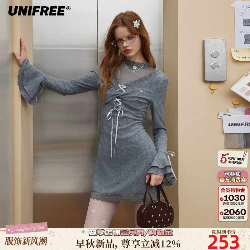 UNIFREE假两件蕾丝喇叭袖连衣裙图片
