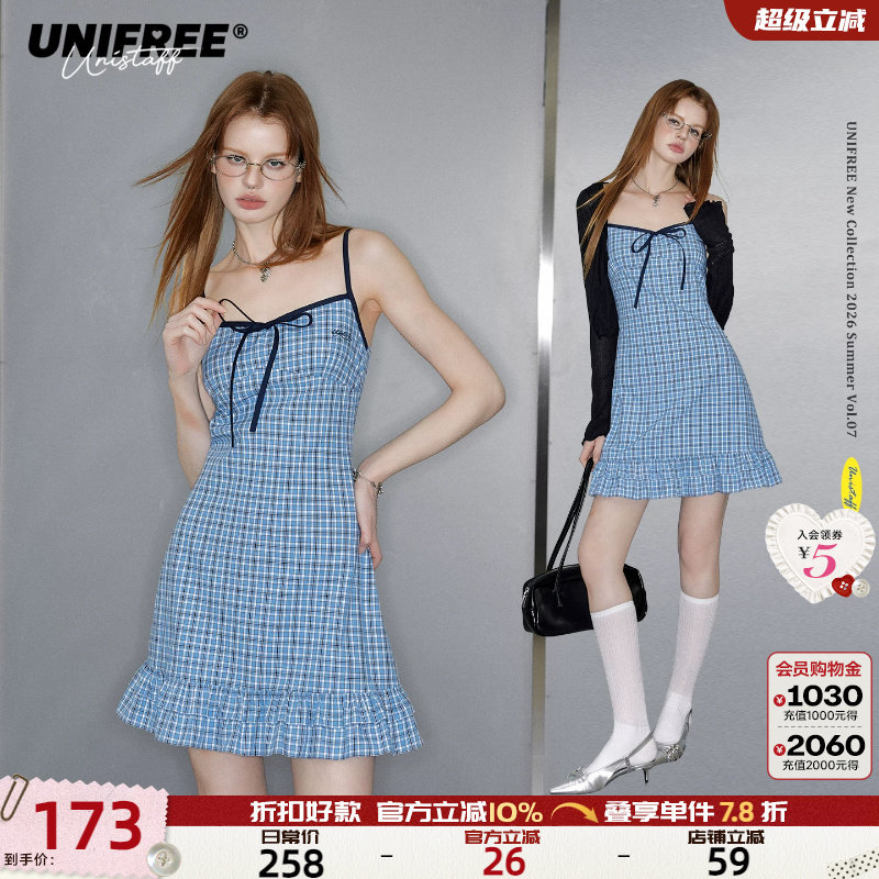 UNIFREE蓝色格纹吊带连衣裙女夏季法式收腰显瘦学院风蝴蝶结短裙