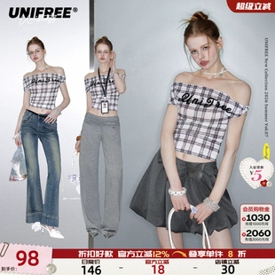 UNIFREE灰色格子一字肩露肩短袖T恤夏季新款显瘦修身雪纺短款上衣