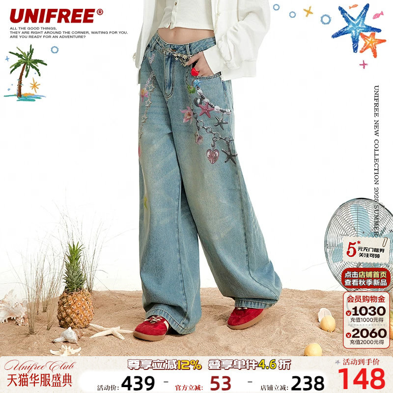 UNIFREE蓝色3D链条印花牛仔裤图片
