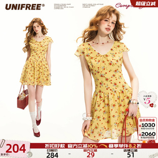 UNIFREE黄色小碎花连衣裙女夏季新款V领收腰蝴蝶结显瘦小飞袖裙子