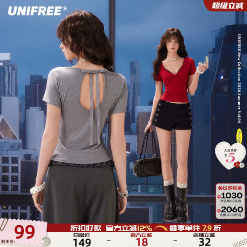 UNIFREE蕾丝拼接V领短袖T恤
