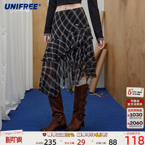 UNIFREE不规则格纹半身裙