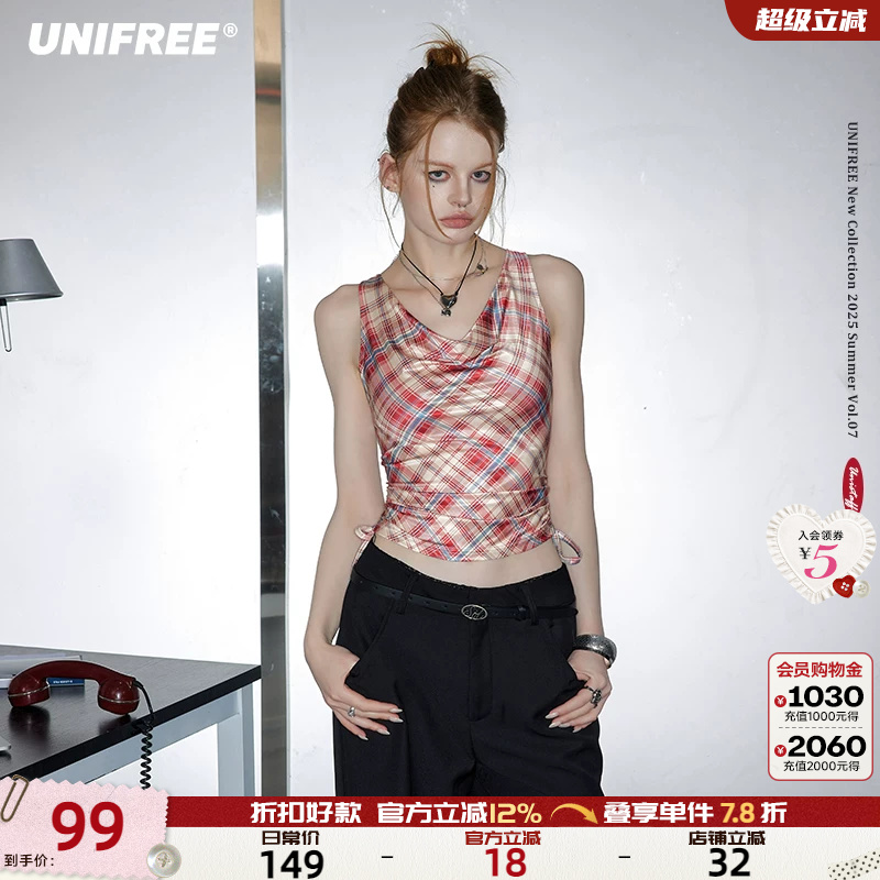 UNIFREE红色格纹雪纺吊带背心女荡领收腰纯欲风设计感洋气短上