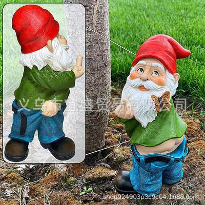 亚马逊花园侏儒摆件树脂工艺品矮人侏儒竖中指花园侏儒老头装饰